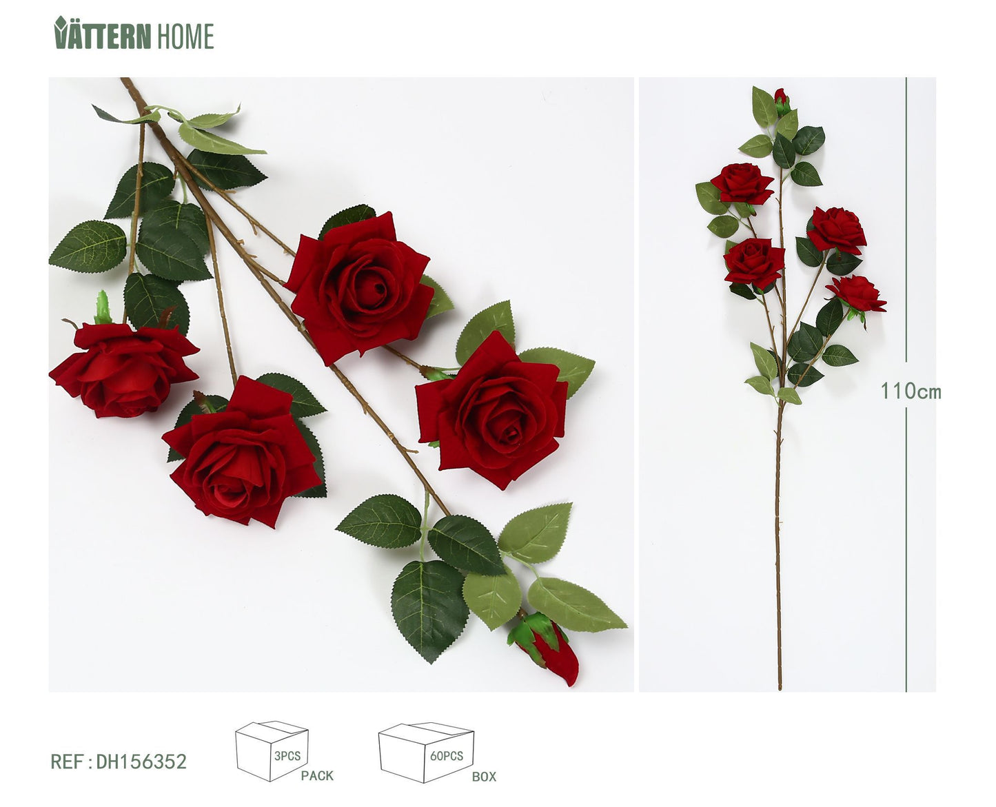 Flocado de poliéster 4 rosas grandes y una rosa pequeña de capullo rizado 110CM rojo