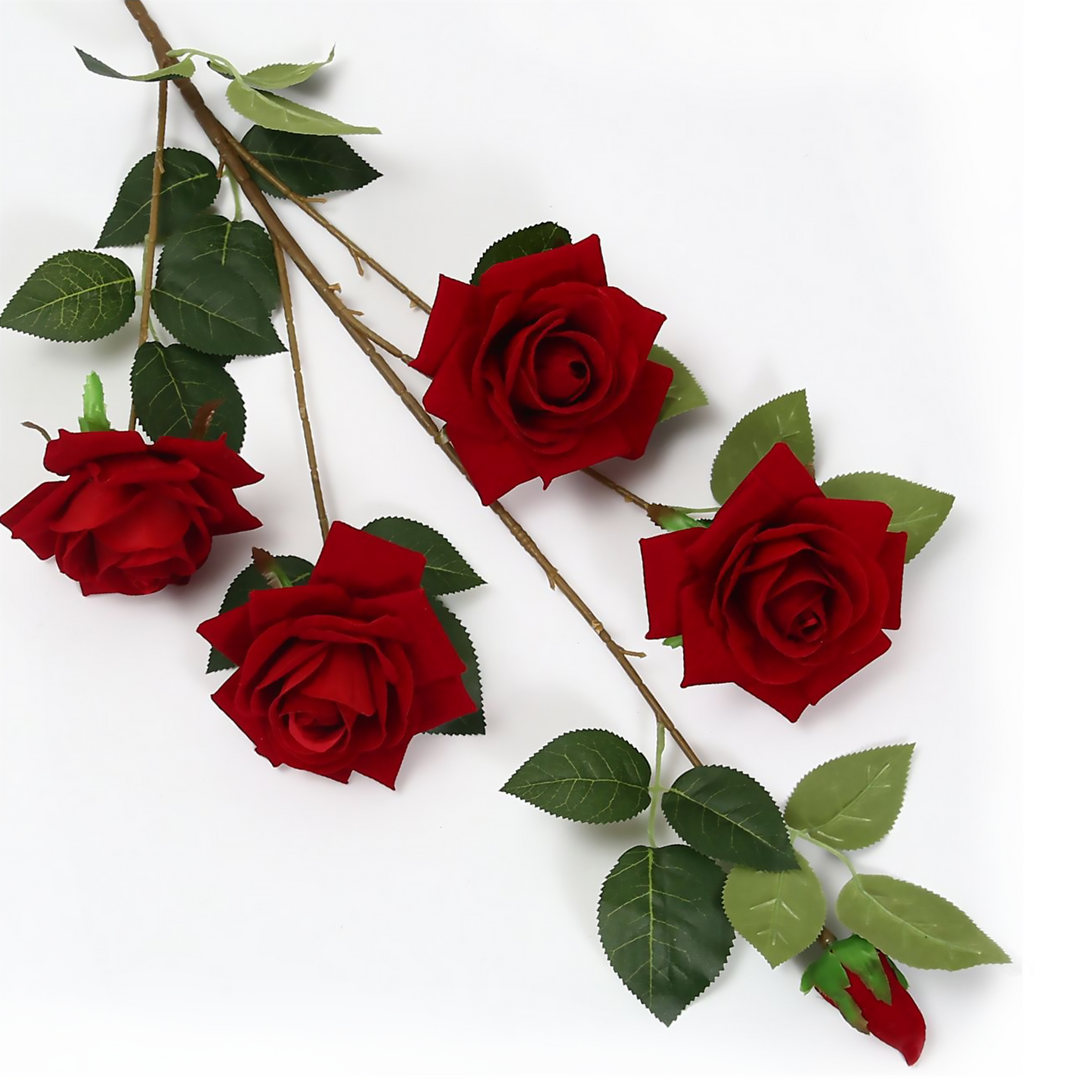 Flocado de poliéster 4 rosas grandes y una rosa pequeña de capullo rizado 110CM rojo