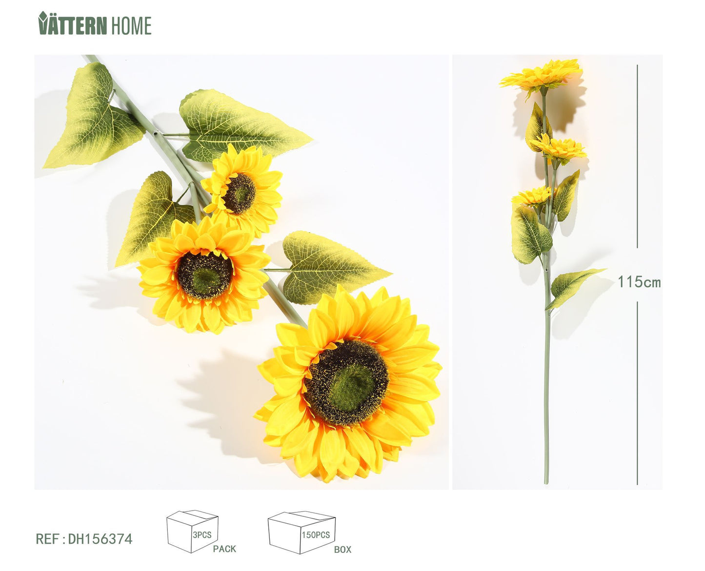 3 cabezas de girasol 115CM (tamaño de la cabeza de la flor 25cm, 18cm, 15cm) tela mate amarilla,