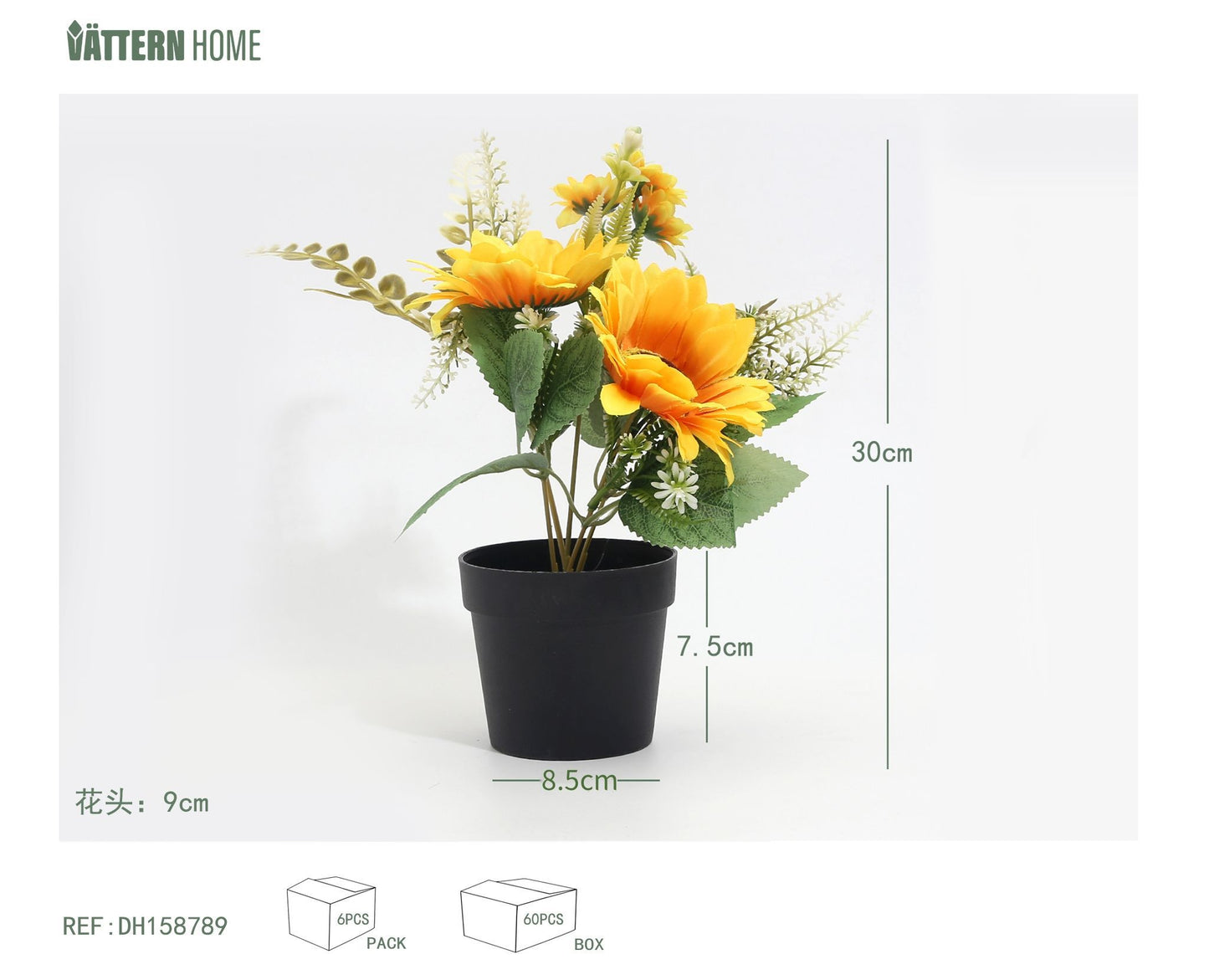 Girasol de 5 cabezas, 30 x 8 cm, simulación de planta verde en maceta, decoración, adornos