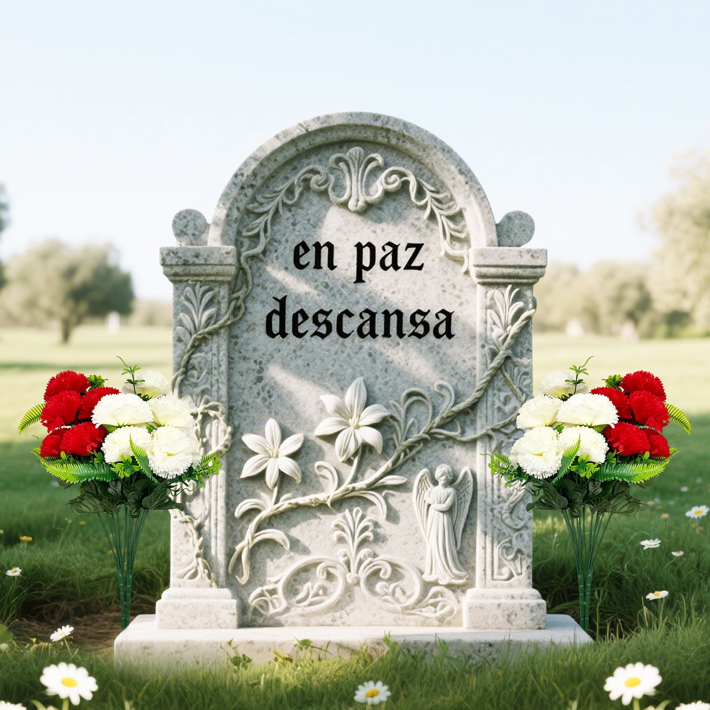 VATTEN HOME Dos Ramos de Flores de Limpieza de tumbas simuladas de poliéster de Seda roja y Blanca de 42 cm, para Limpieza de tumbas y decoración de cementerios