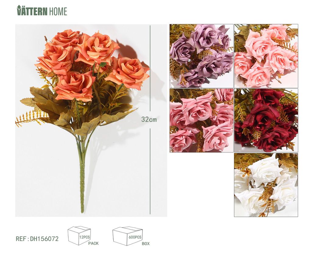 Rosa intenso de otoño de 7 tenedores, 32 cm, rosa, morado, naranja, rosa champán, rojo oscuro, blanco lechoso