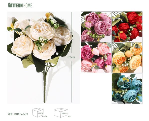 5 rosas persas Hennessy de 32 cm en amarillo, rosa, champán, rojo, azul y rosa.