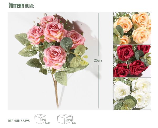Rosa de 5 cabezas y 5 tenedores, 25 cm, champán, rosa, rojo y blanco