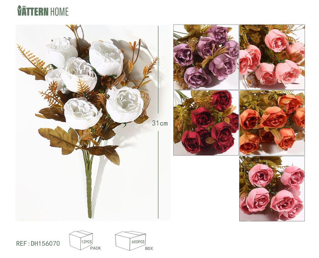 7 capullos de rosa francesa de otoño (31 cm) en naranja, morado, rosa, champán, rojo oscuro y blanco lechoso.