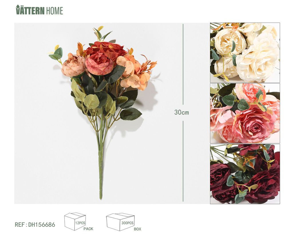 6 rosas hortensias europeas de 30 cm en tonos morado, blanco, naranja y rosa.