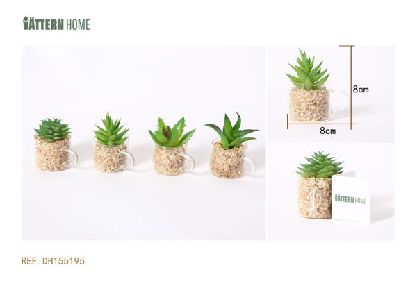 Paquete de 4 macetas de vidrio para plantas artificiales verdes de 8 x 8 cm