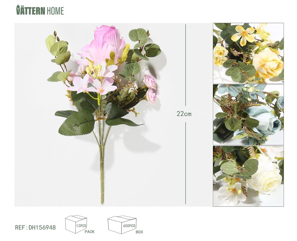 Rosa Melbourne de 5 puntas, 22 cm, tela de seda rosa, amarilla, blanca y azul