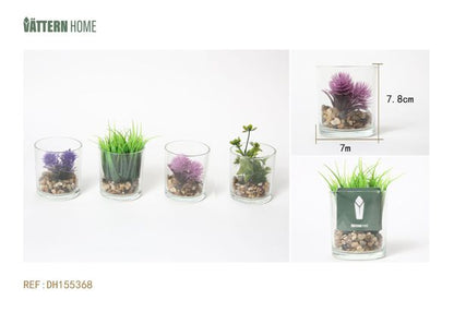 Paquete de 4 macetas de vidrio con césped artificial, plantas verdes en maceta, 7 x 7 x 7,8 cm