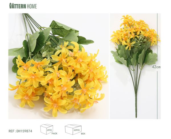 Pequeña flor de 8 tenedores, 42 cm, poliéster de seda amarilla, plástico, flores de barrido de tumbas de simulación de hierro, sin necesidad de cuidados, capas ricas, convenientes y hermosas