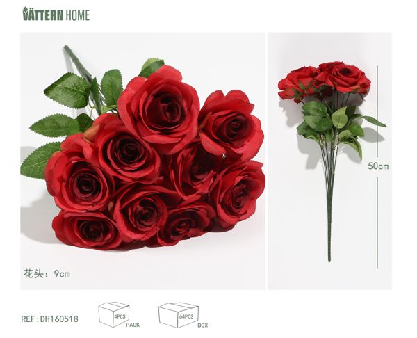 9 rosas artificiales de colores de 50 cm y 9 cm de tela de seda roja.