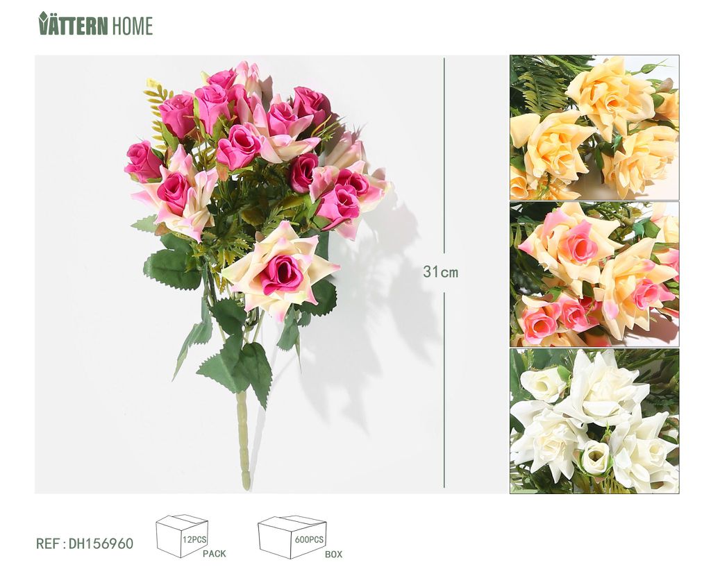Rosa pequeña rizada coreana de 5 puntas, 31 cm, tela de seda roja clara, blanca, champán y roja.