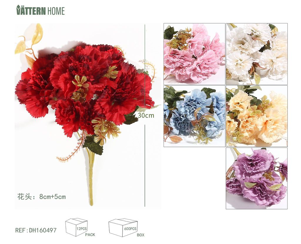 Cinco flores artificiales de clavel 30CM.8CM+5CM
