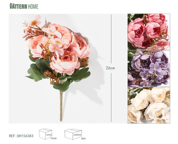 5 peonías grandes de 26 cm de color morado, rosa, blanco, rosa claro, plástico, alambre de hierro, tela de seda.
