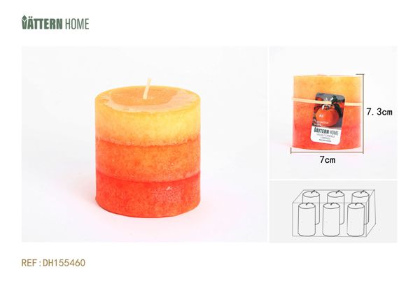 Vela de tres colores en forma de pilar de 7*7,3 cm de parafina con sabor a naranja (naranja) que dura 30 horas