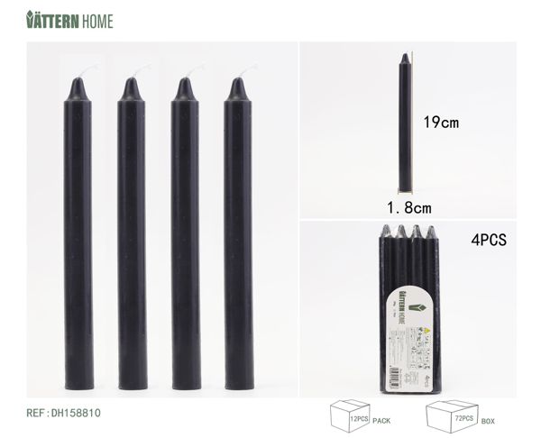 4 barras de cera de 1,8 x 19 cm, parafina negra, tiempo de combustión +7 horas, sin fragancia ni olor, aptas para cualquier ocasión.