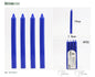 4 velas de 1,8 x 19 cm, de parafina azul, tiempo de combustión +7 horas, sin fragancia ni olor, adecuadas para cualquier ocasión.
