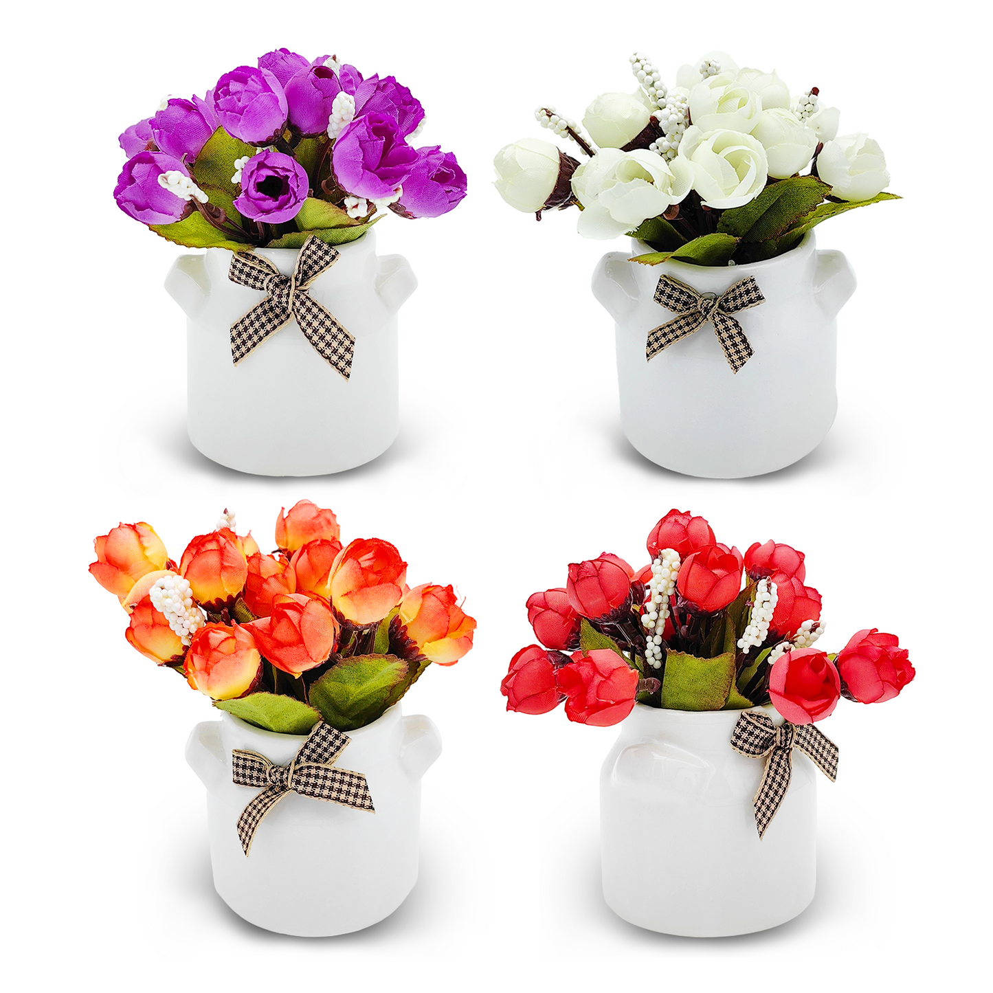 Paquete de cuatro macetas de cerámica con diseño de flores artificiales, 7,5 x 12 cm