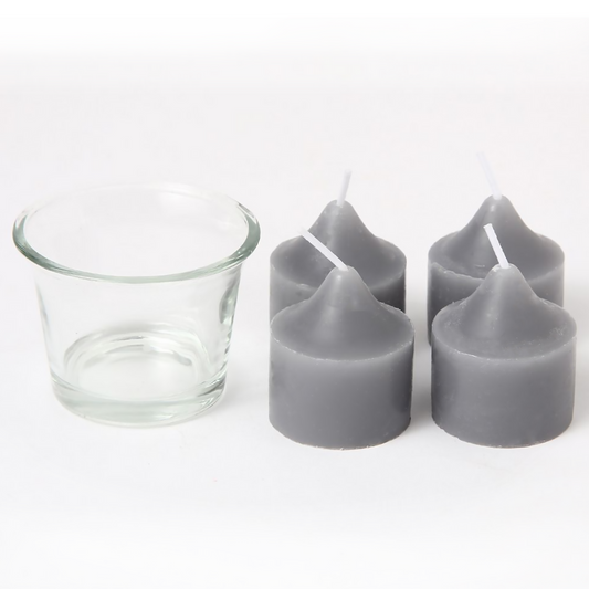 Juego de velas de aromaterapia (4 velas + 1 vaso) 3,5*4 cm, parafina, sabor a uva (gris oscuro), que arde durante 3 horas