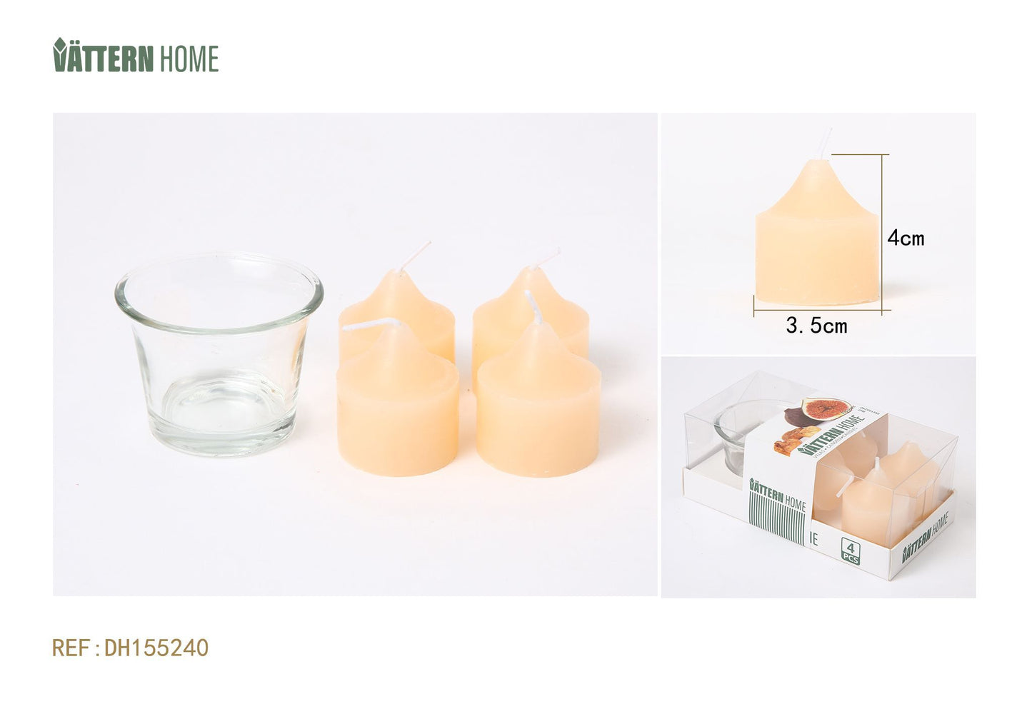 Juego de velas de aromaterapia (4 velas + 1 vaso) 3,5*4CM sabor a higo de parafina (color champán) que arde durante 3 horas