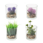 Paquete de 4 macetas de vidrio con césped artificial, plantas verdes en maceta, 7 x 7 x 7,8 cm