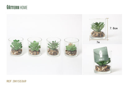 Paquete de 4 macetas de vidrio con diseño de plantas artificiales, 7 x 7 x 7,8 cm, serie verde
