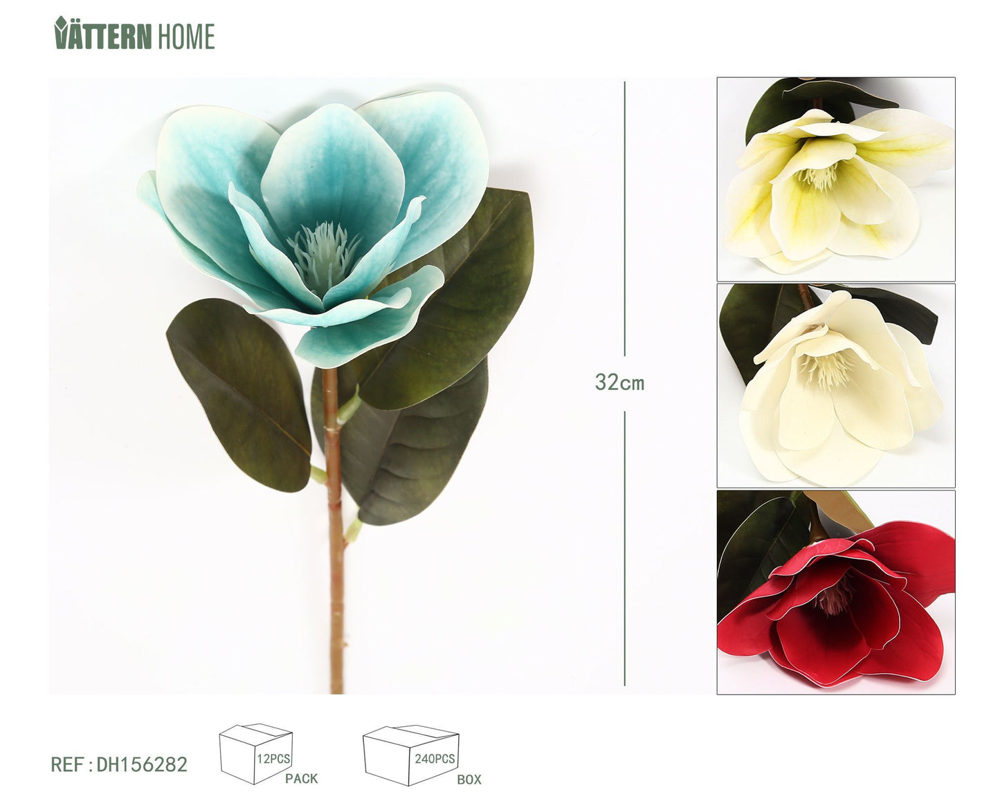 Flor de magnolia individual de 32 cm, azul, roja, amarilla y blanca.