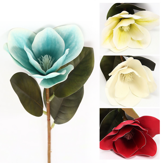 Flor de magnolia individual de 32 cm, azul, roja, amarilla y blanca.