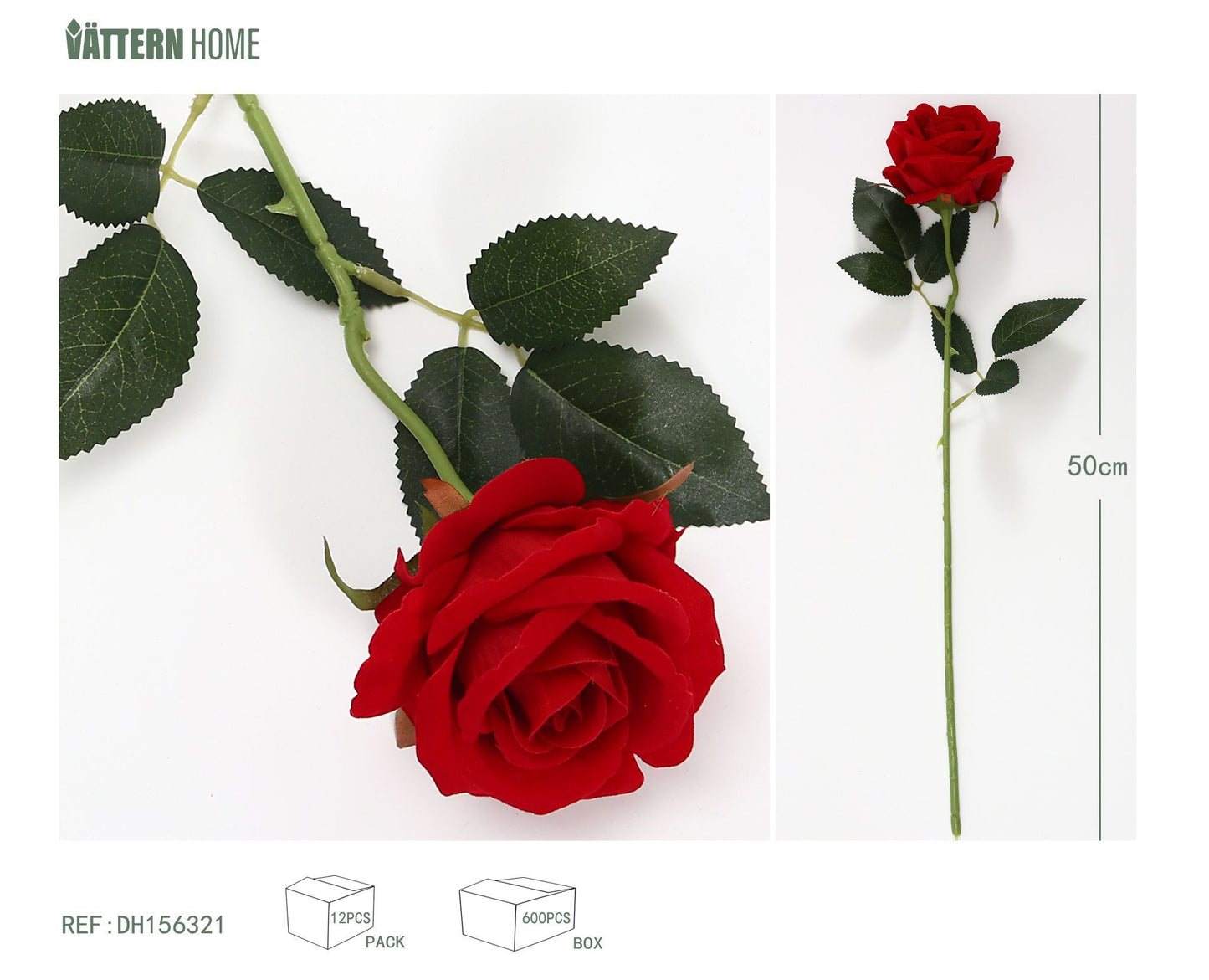 Rosa de poliéster flocada de un solo tallo curvo rojo de 50 cm