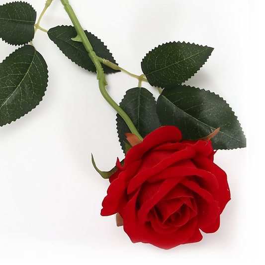 Rosa de poliéster flocada de un solo tallo curvo rojo de 50 cm