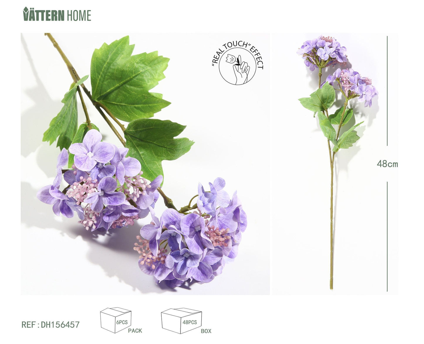 Hortensia de 2 cabezales con tacto de película, 48 cm, color morado