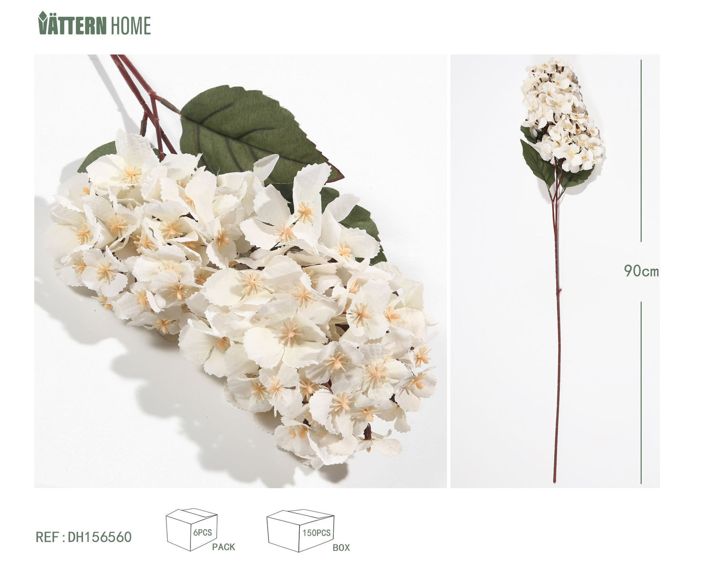 Hortensia pagoda de una sola rama y múltiples cabezas en tela de seda, 90 cm, color blanco