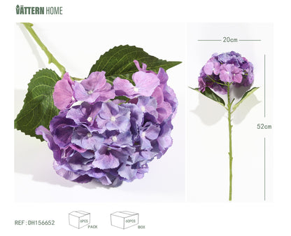 Hortensia 3D de tela de seda individual, 52 x 20 cm, color morado