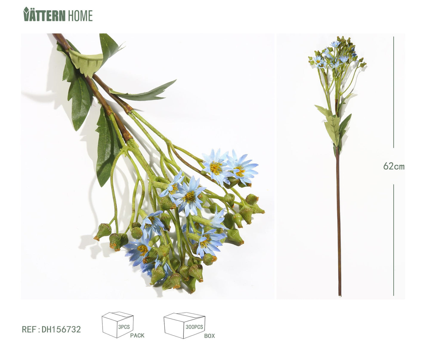 Crisantemo silvestre pequeño de varias cabezas, de una sola rama, de tela de seda, 62 cm, color azul