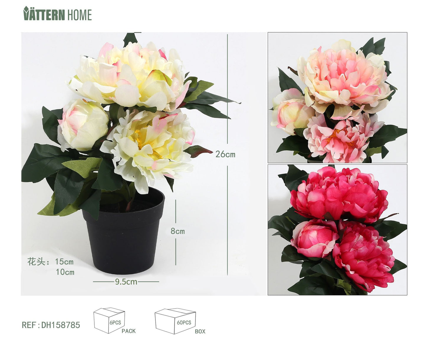 Peonía china de poliéster, 26 x 9 cm, simulación de planta verde en maceta, decoración, adornos