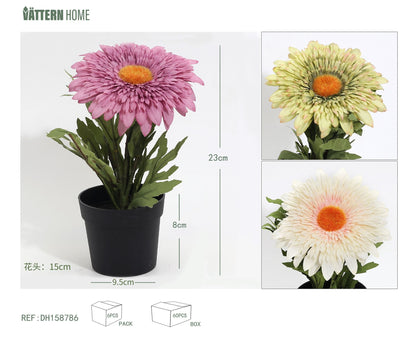 Crisantemo de girasol de poliéster de 23 x 9 cm, planta verde en maceta de imitación, adorno decorativo.