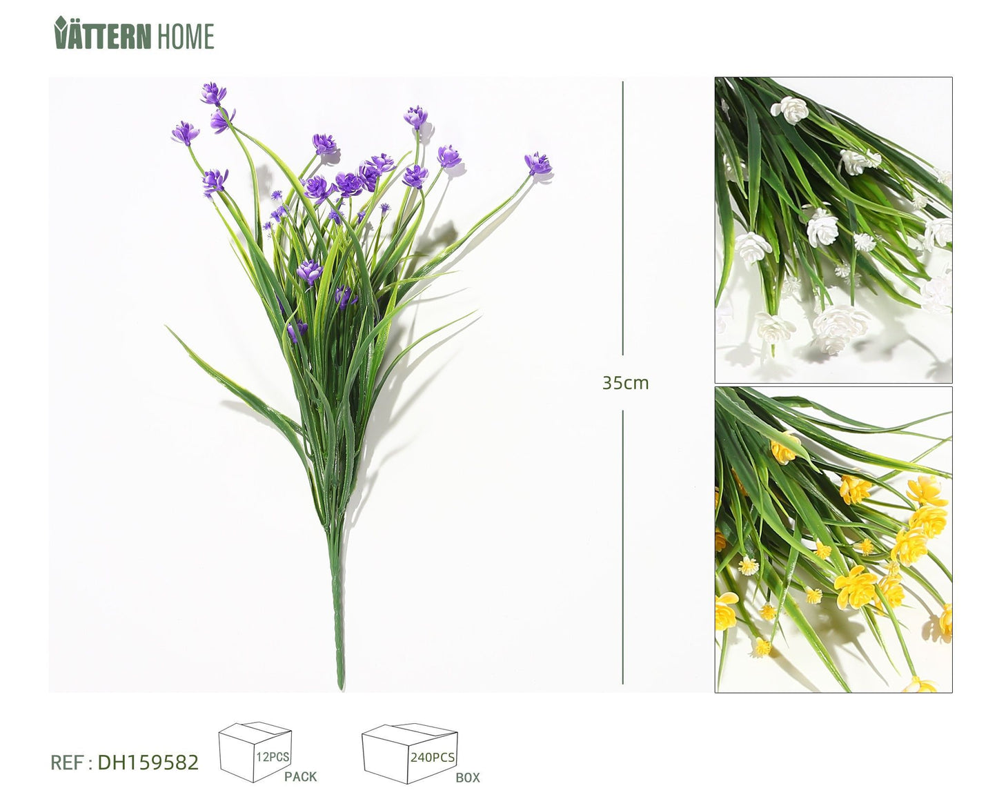 Flores artificiales de palomitas de maíz de 7 puntas, 35 cm, de plástico, color morado, blanco y amarillo.