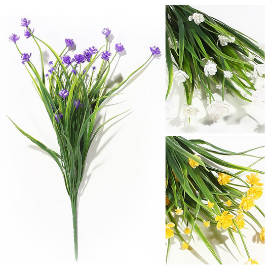 Flores artificiales de palomitas de maíz de 7 puntas, 35 cm, de plástico, color morado, blanco y amarillo.