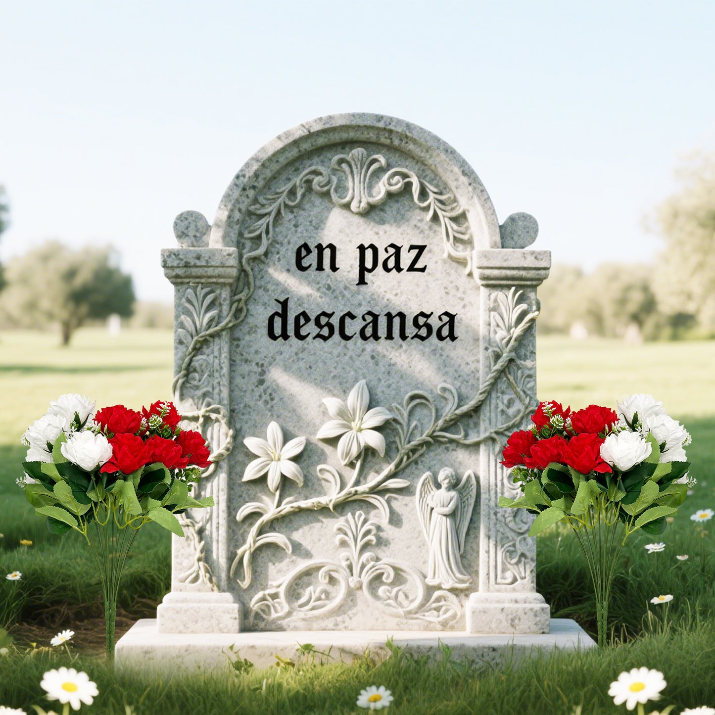 VATTEN HOME Dos Ramos de Flores de Limpieza de tumbas simuladas de poliéster de Seda roja y Blanca de 42 cm, para Limpieza de tumbas y decoración de cementerios
