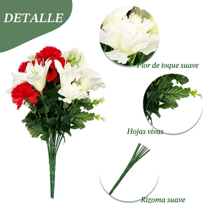 VATTEN HOME Dos Ramos de Flores de Limpieza de tumbas simuladas de poliéster de Seda roja y Blanca de 42 cm, para Limpieza de tumbas y decoración de cementerios