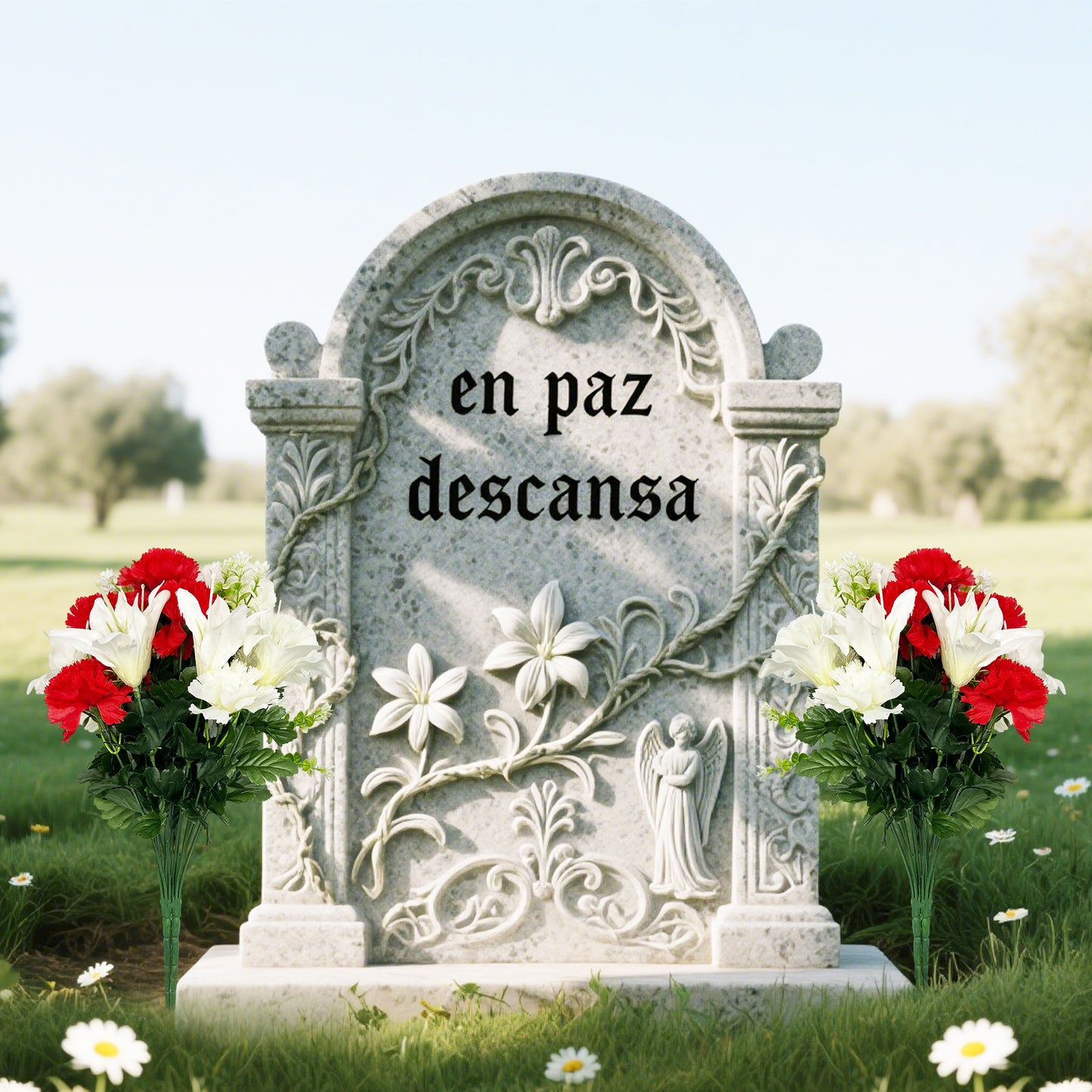 VATTEN HOME Dos Ramos de Flores de Limpieza de tumbas simuladas de poliéster de Seda roja y Blanca de 42 cm, para Limpieza de tumbas y decoración de cementerios